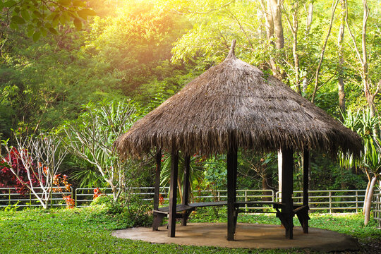 Rustic thatched roof gazebo in a lush green garden with warm sunlight.