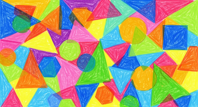 Colorful geometric shapes drawn with crayons for kids art and design
