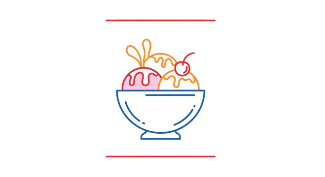 Colorful Ice Cream Sundae in Bowl: Three Scoops with Cherry and Drizzle, Line Art Icon