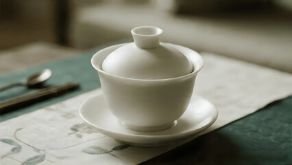 Fototapeta premium A white ceramic gaiwan tea bowl sits elegantly on a patterned table runner.