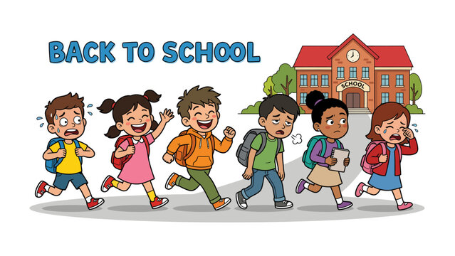 Back to School Rush: A lively illustration depicting a group of diverse children with varying expressions, some excited and others apprehensive, as they rush towards a school building.
