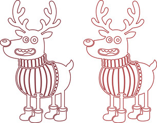 Festive Christmas reindeer vector outline, two cartoon holiday deer wearing striped sweaters and boots, whimsical winter animal illustration for seasonal designs and greetings © Shanza