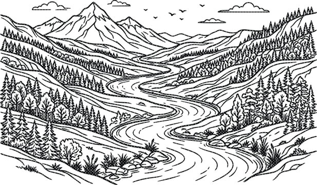 Majestic mountain river landscape, hand-drawn vector illustration. Serene nature scene with winding stream, towering peaks, and lush pine forests, ideal for outdoor adventure and wilderness