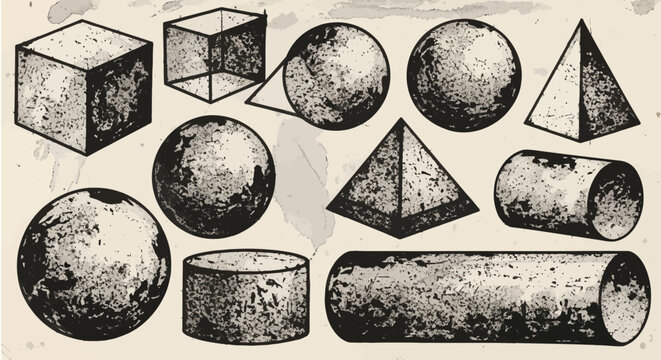 Geometric Shapes Vintage Illustration - Cubes, Spheres, Pyramids, Cylinders