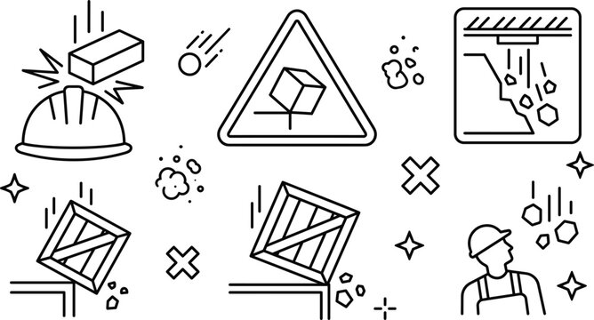 Falling objects hazard warning icon vector outline illustration set with construction helmet rockfall danger line art design elements