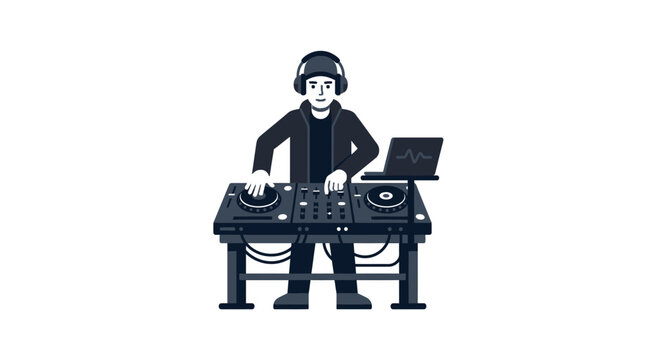 DJ playing music on turntables with laptop, modern flat illustration