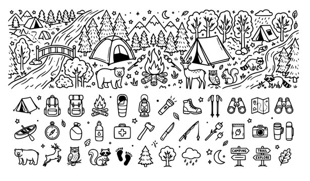 Cute camping and hiking outline doodles vector set for summer camp flyers and outdoor themes