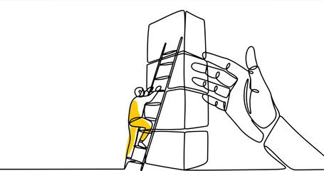 Fototapeta premium Person climbing ladder towards giant robot hand giving thumbs up on white background