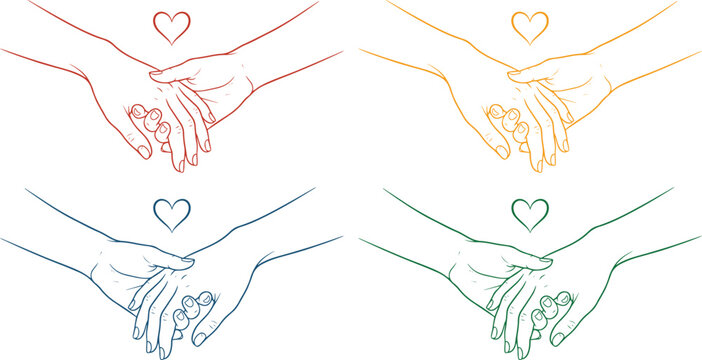 Holding hands vector illustration set, four diverse couples showing affection and connection, romantic relationship line art, love and partnership graphic resource