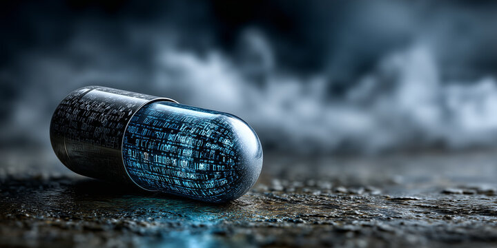A close up of a futuristic medicine capsule with digital patterns symbolizing personalized genomic medicine innovations