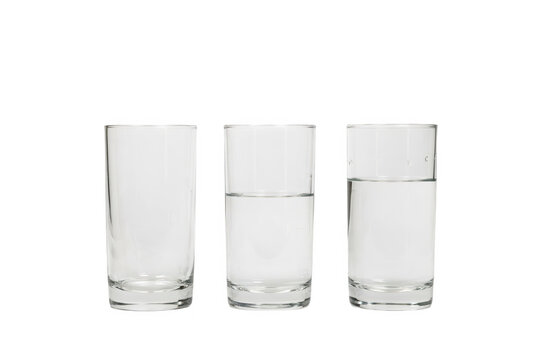 Three clear glass tumblers arranged in a row, one empty, one half-full, and one full of water, isolated on a solid black background, for display