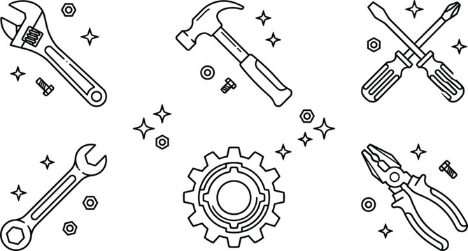 Hardware maintenance tools set with wrench hammer screwdriver gear and pliers vector outline illustration for repair service elements