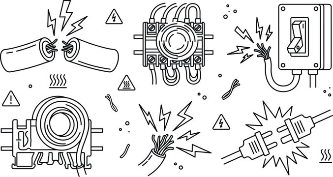Electrical Danger and Damaged Wire Icon Set with Circuit Breaker Switch Line Symbols,