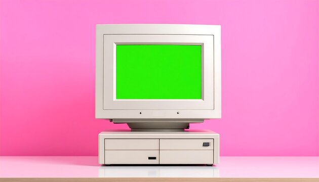 Vintage computer monitor on pink background.