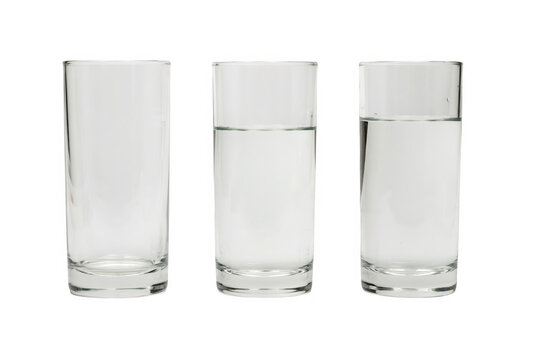 Three clear glass tumblers arranged in a row, one empty, one half-full, and one full of water, isolated on a solid black background, for display
