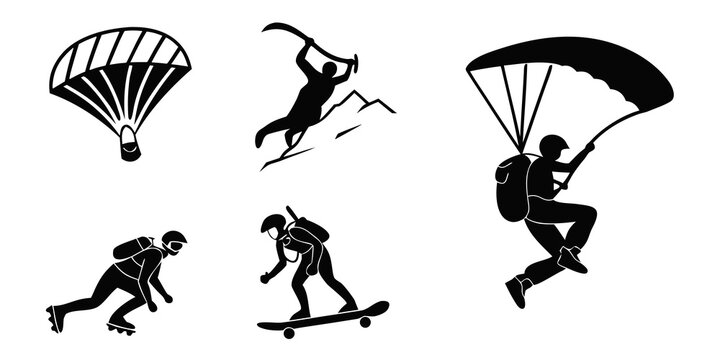 Extreme sports silhouettes set featuring paragliding skydiving and skateboarding silhouette paragliding skydiving skateboarding adventure activity recreation outdoors lifestyle movement