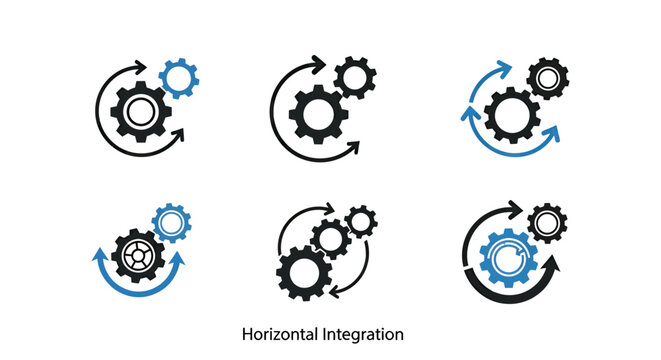Horizontal integration of gears forming a circular motion diagram representing industrial synchronization and collaboration.