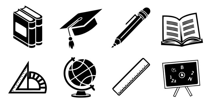 Set of education and school icons with stationery supplies and study materials education stationery blackboard graduation academic learning knowledge university classroom supplies geometry