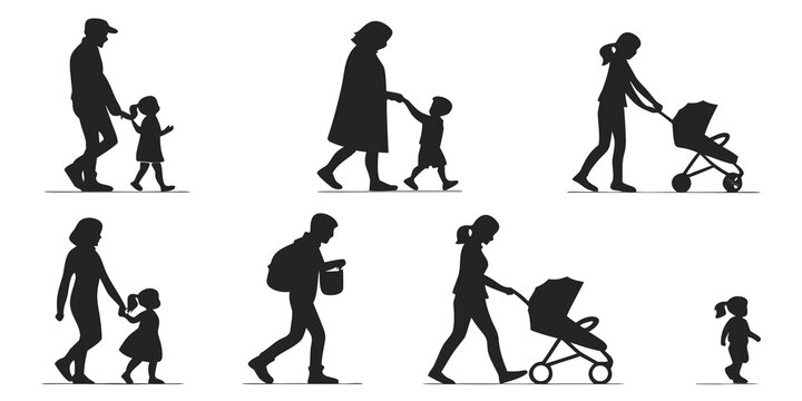 Set of family members walking together with children and baby carriages as silhouettes silhouette stroller lifestyle parenting togetherness childcare illustration parenthood childhood