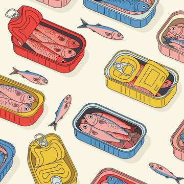 sardines and tinned fish in colorful cans form a vibrant seamless pattern an engaging food illustration ideal for culinary design projects.