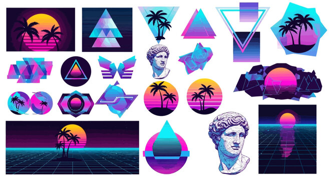 Retro Synthwave Graphics: Palm Trees, Sunsets, Abstract Shapes, Statues