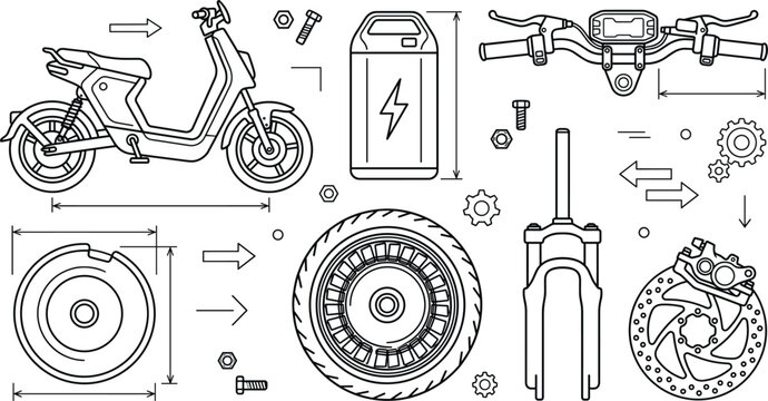 Electric Scooter Spare Part Technical Icon Set with Battery Wheel and Handlebar Symbols,