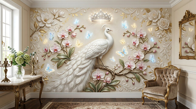 Luxurious room interior with white peacock mural on wall with flowers butterflies and crown