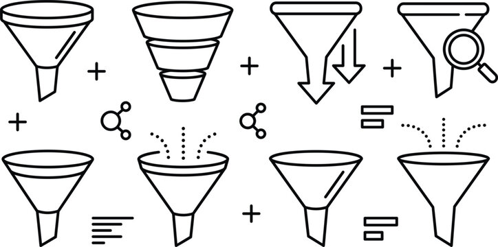Marketing sales funnel and data filter vector outline illustration set with conversion pipeline optimization line art design elements