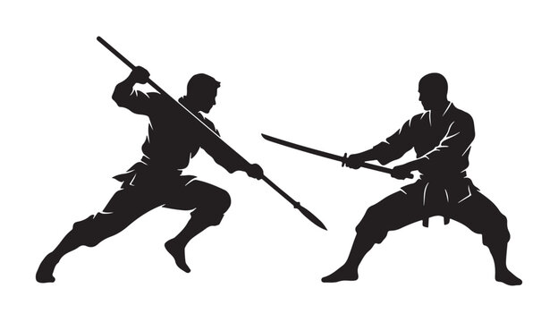 Martial arts ninja fighters silhouette holding sword and staff spear in dynamic action battle pose