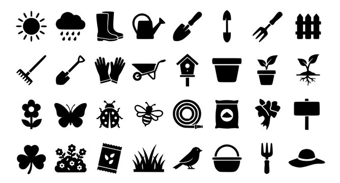 Gardening icon set black silhouette illustrations of tools plants insects and weather elements