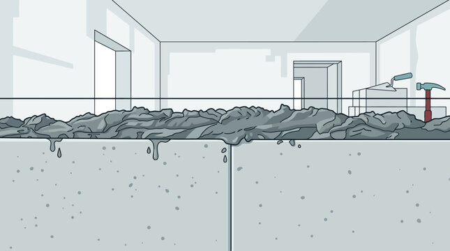 fresh cement screed being laid on a concrete floor at a construction site for building renovation and home improvement.