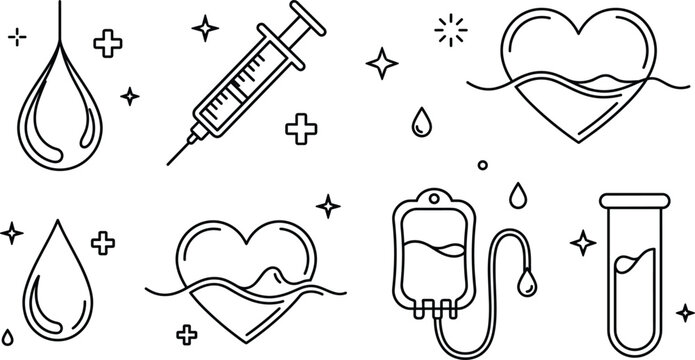 Medical and health vector line art icon set featuring syringe heart shape blood drops and donation bag.