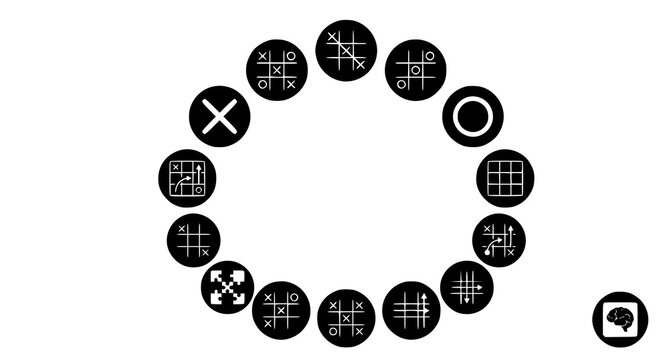 Black and white circular arrangement of various tic tac toe game boards and symbols