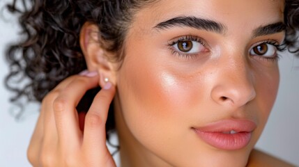 Obraz premium Close-Up Portrait of Young Woman with Natural Makeup and Beautiful Curly Hair Touching Her Ear in Soft Light