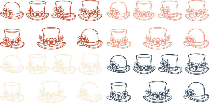 Elegant St. Patrick's Day hat collection, 24 festive shamrock-adorned top hats and bowler hats, charming Irish holiday vector graphics for celebration designs