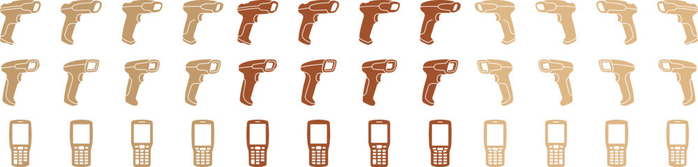 Fototapeta premium Modern Barcode Scanner Vector Icons, 30 Handheld Reader Devices in Brown and Beige Tones, Retail and Logistics Technology Graphics, E-commerce and Inventory Management Tools