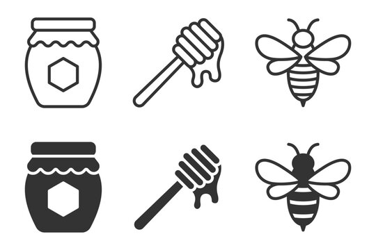 Honey jar dipper bee icons set in black and white design. Vector illustration.