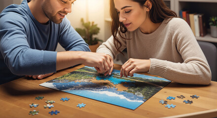 Fototapeta premium Couple engaging in cooperative recreational activity working together on a jigsaw puzzle at home fostering teamwork and bonding.