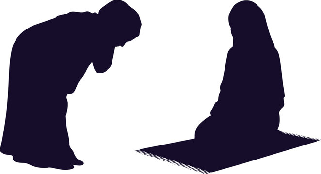 Muslim prayer silhouette, Islamic worship and devotion, spiritual practice vector, religious observance graphic, traditional Muslim prayer