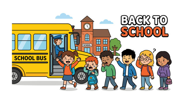 Back to School Excitement: A vibrant illustration depicts a yellow school bus arriving at a charming school building, with a group of diverse children disembarking, some eager, others apprehensive.