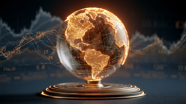 Digital Earth Hologram: A glowing, futuristic hologram of planet Earth sits on a pedestal, with financial data charts and graphs flickering in the background.