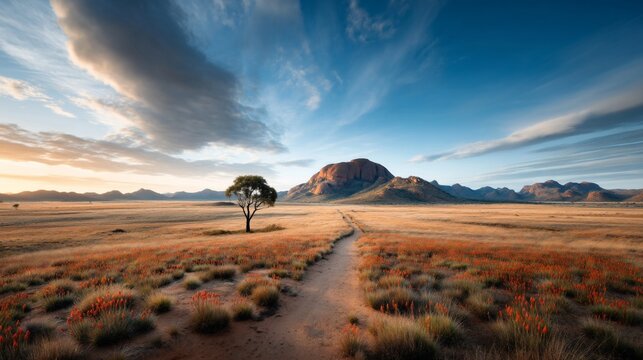 African savanna landscape with lone tree, path, mountains under a dramatic cloudy sky