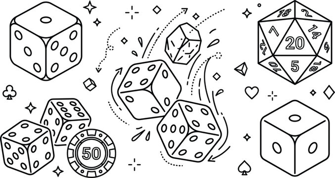 Rolling game dice cube and polyhedral d20 die vector outline illustration set with casino chip line art elements