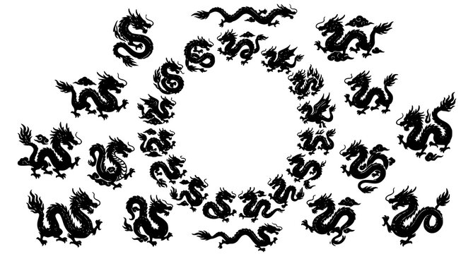 Seamless repeating pattern of black chinese dragons ideal for textiles wrapping paper and decorative design elements