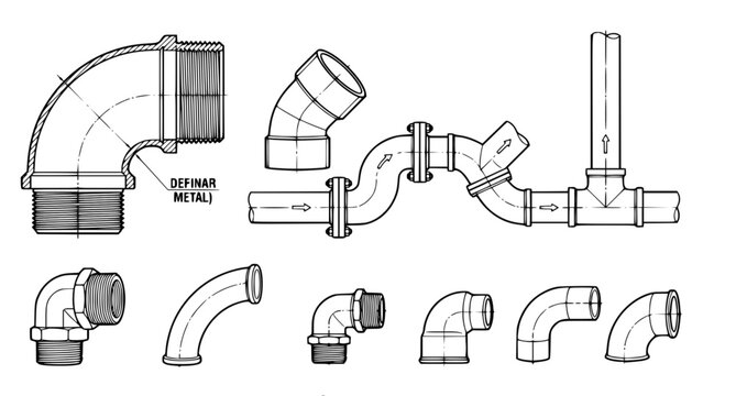 Technical pipe fitting and plumbing connection diagrams featuring threaded elbows and junctions