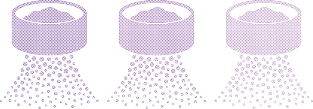 Three purple isometric sieves sifting granular material, abstract vector illustration of filtration and separation processes. Minimalist design for scientific, industrial, or culinary concepts.