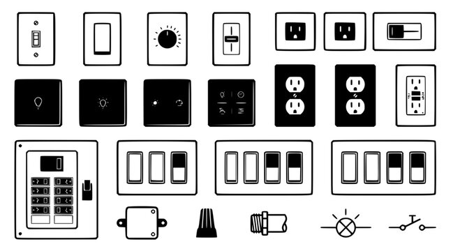 Electrical wall switches and power outlets collection with circuit breaker and junction boxes