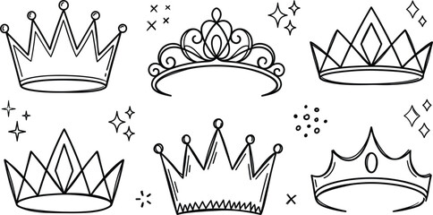 Royal crown and princess tiara vector outline illustration set with king queen diadem line art doodle design elements © Hafizul