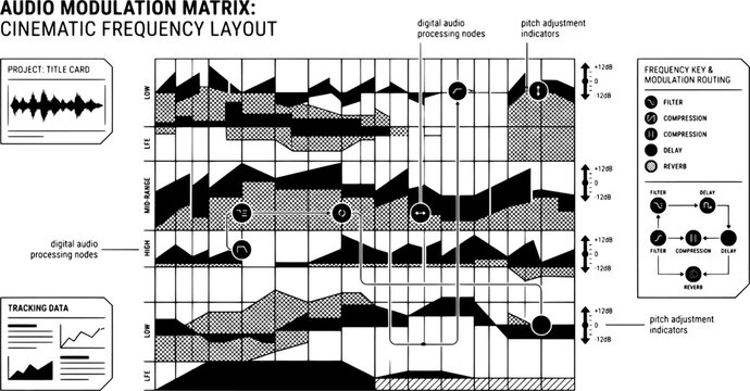 Isolated Minimalist Audio Waveform Frequency Modulation Matrix Template, "Created with AI assistance and manually refined."