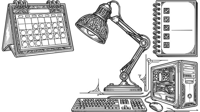 Vintage style engraving of an organized workspace with a desktop computer, calendar, desk lamp, and task checklist for planning and productivity.